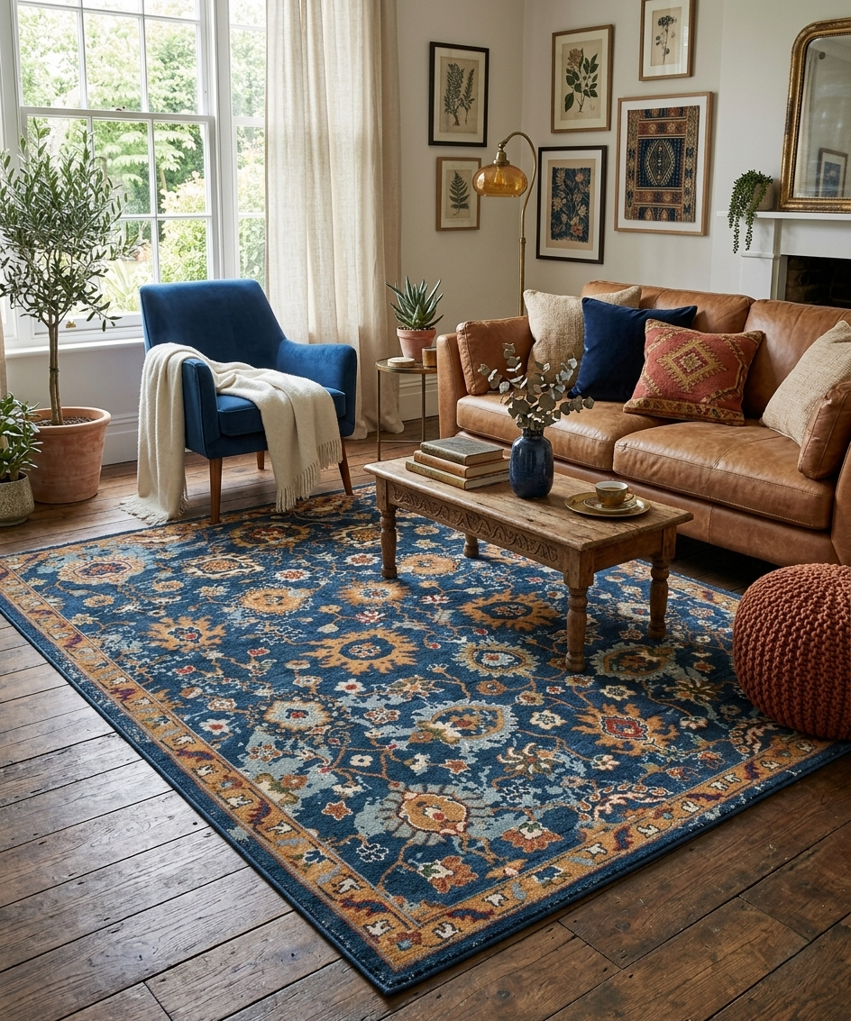 10x14 ft Hand-Knotted Indigo & Ochre Floral Wool Rug - 8x10 ft, 9x12 ft Modern Oushak Style