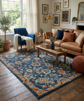 10x14 ft Hand-Knotted Indigo & Ochre Floral Wool Rug - 8x10 ft, 9x12 ft Modern Oushak Style