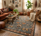 8x10 Ft Hand-Knotted Oushak Wool Rug - Slate Blue & Terracotta Vintage Boho Decor