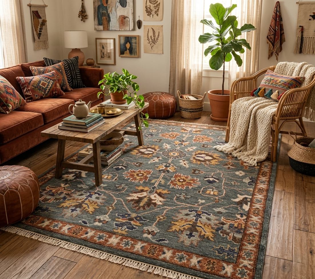 8x10 Ft Hand-Knotted Oushak Wool Rug - Slate Blue & Terracotta Vintage Boho Decor