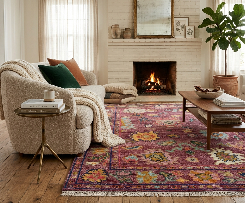 Hand knotted Oushak Rug in Vibrant Magenta, deep rose. Modern Turkish Wool Area Rug