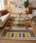 6x8 ft Eclectic Gabbeh Rug, Hand-Knotted Wool Tribal Colorful Striped Modern Carpet