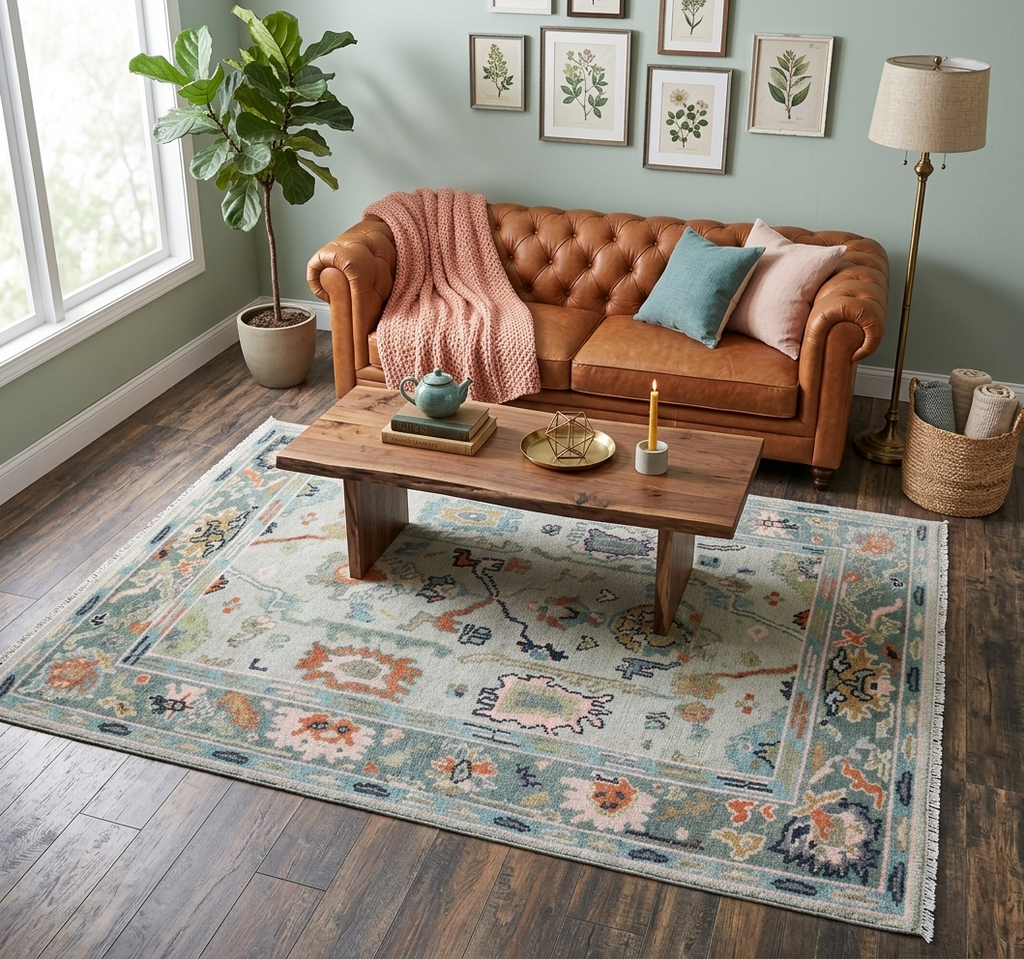 Hand Knotted Muted Oushak Rug - Sage Green Turkish Wool Area Rug
