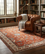 Hand-Knotted Oushak Wool Rug – Terracotta & Slate Blue Oriental Decor
