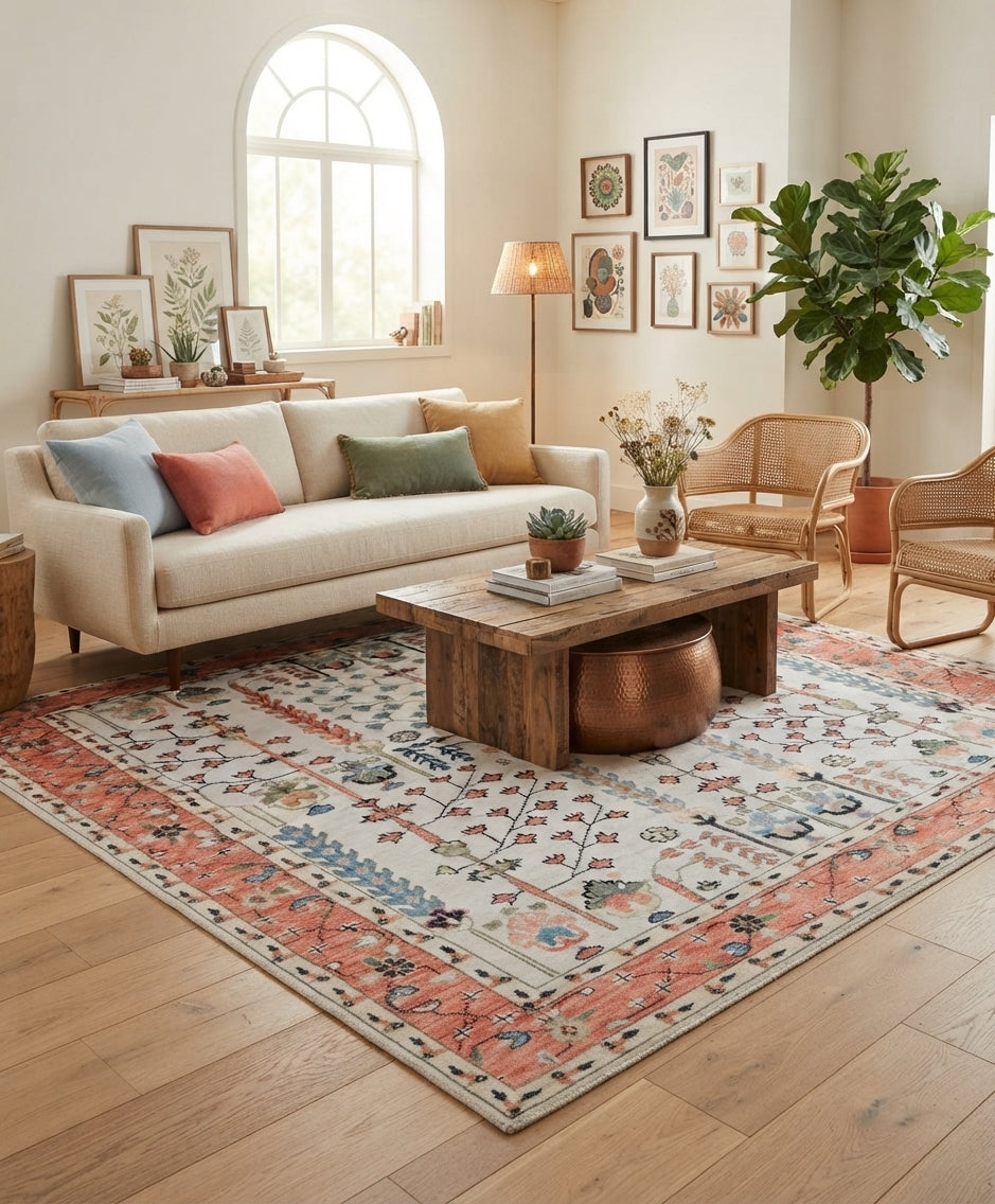 Hand-Knotted Tree of Life Wool Area Rug | Muted Sage Green & Terracotta Custom Size Rug | Handcrafted in India