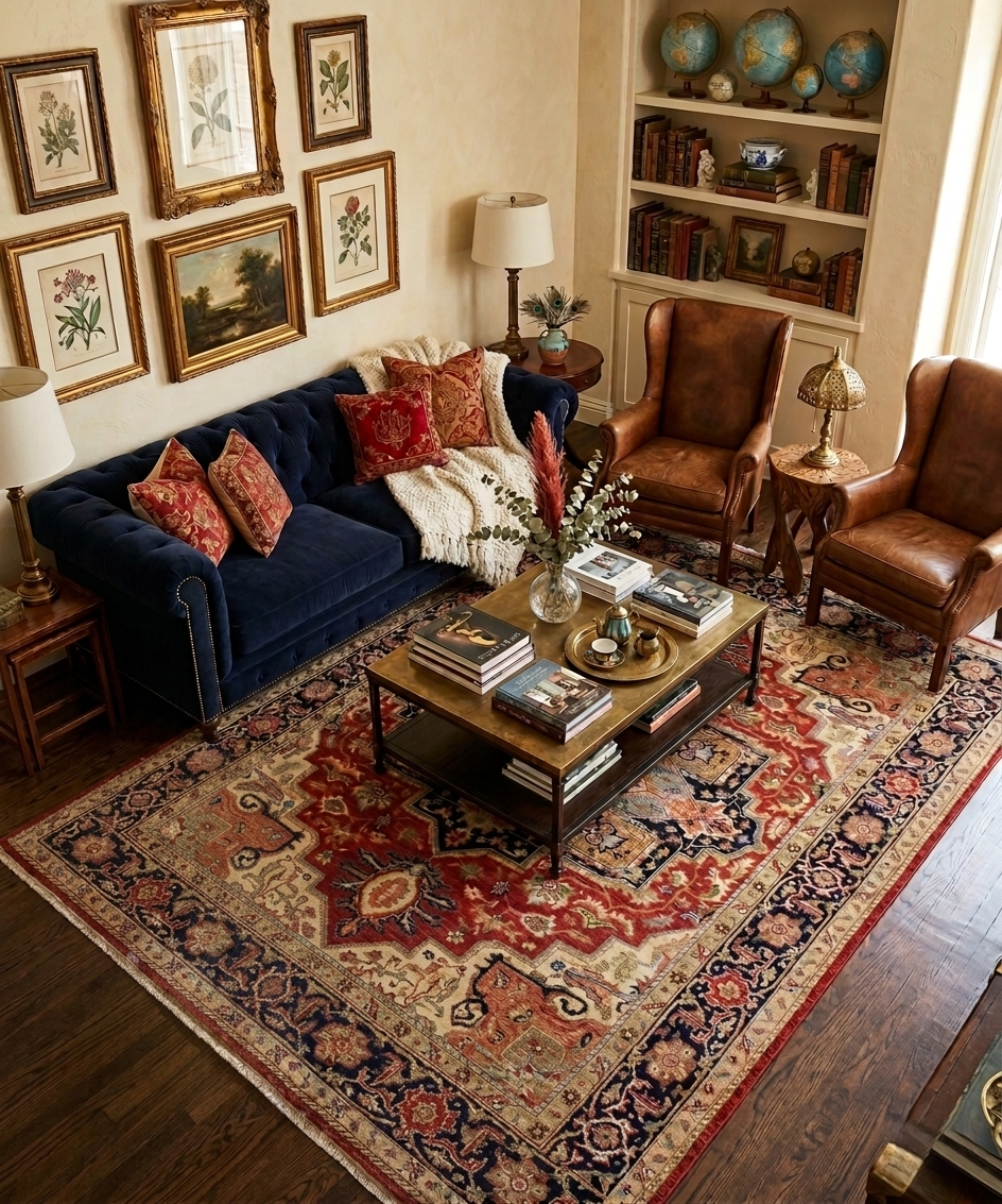 Hand Knotted Wool Heriz Serapi Rug - Red Navy Blue Traditional Persian Area Rug