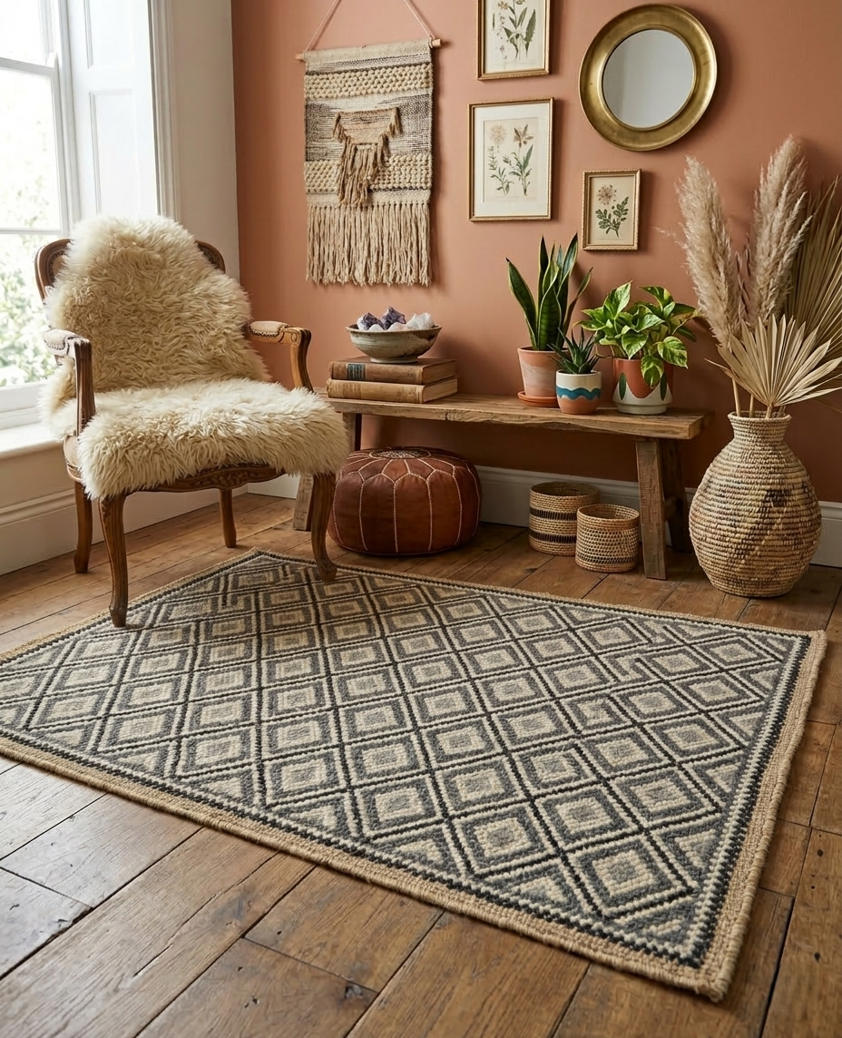 Handwoven Wool Jute Rug 3x5 brown & gray Diamond Geometric Area Rug