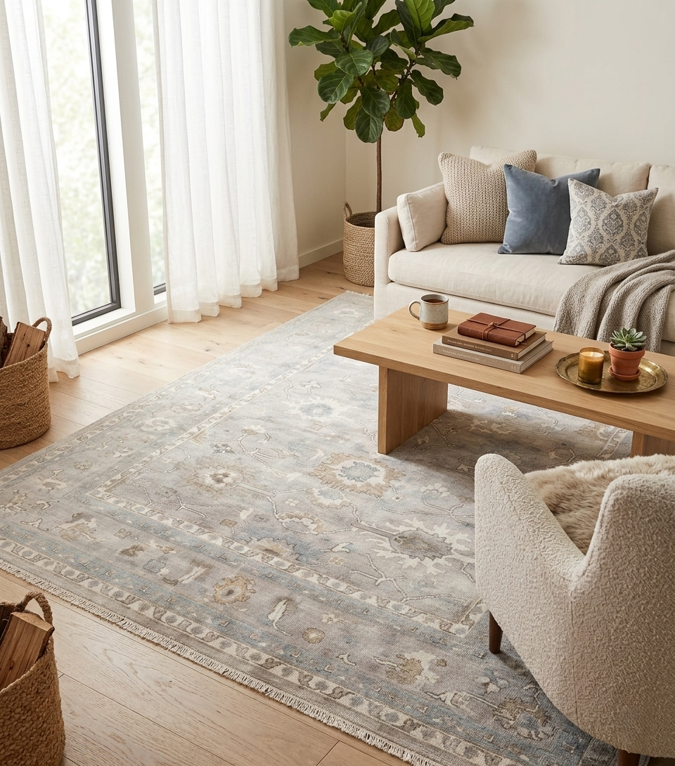 High-End 8x10 ft Hand-Knotted Wool Oushak Rug - Muted Gray & Beige