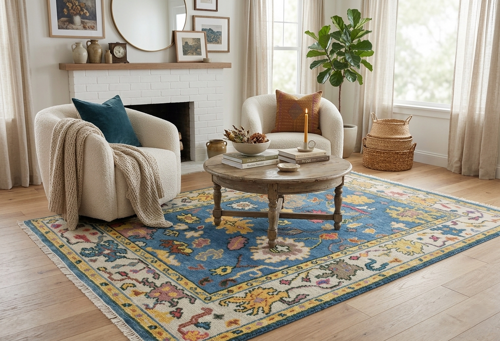 Hand Knotted Oushak Rug Blue Ivory Turkish Wool Area Rug