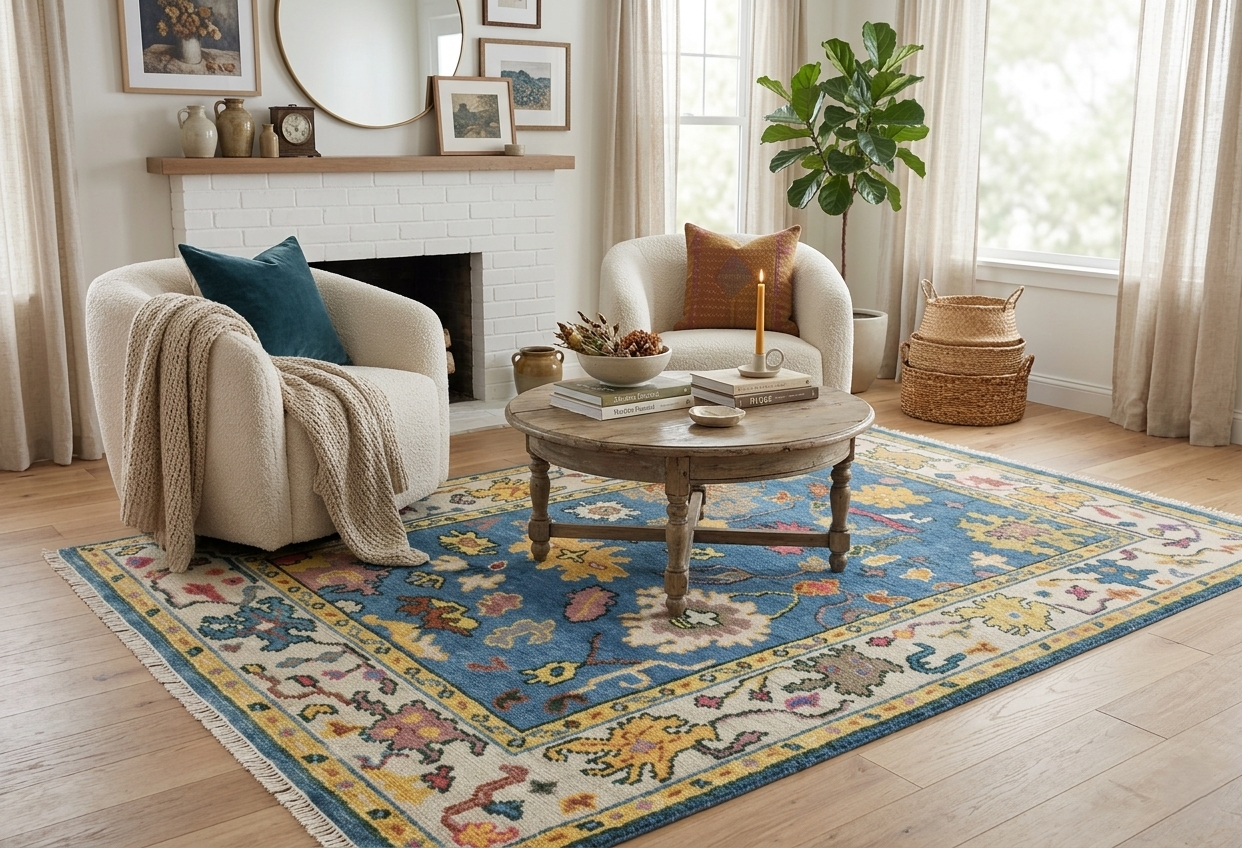 Hand Knotted Oushak Rug Blue Ivory Turkish Wool Area Rug