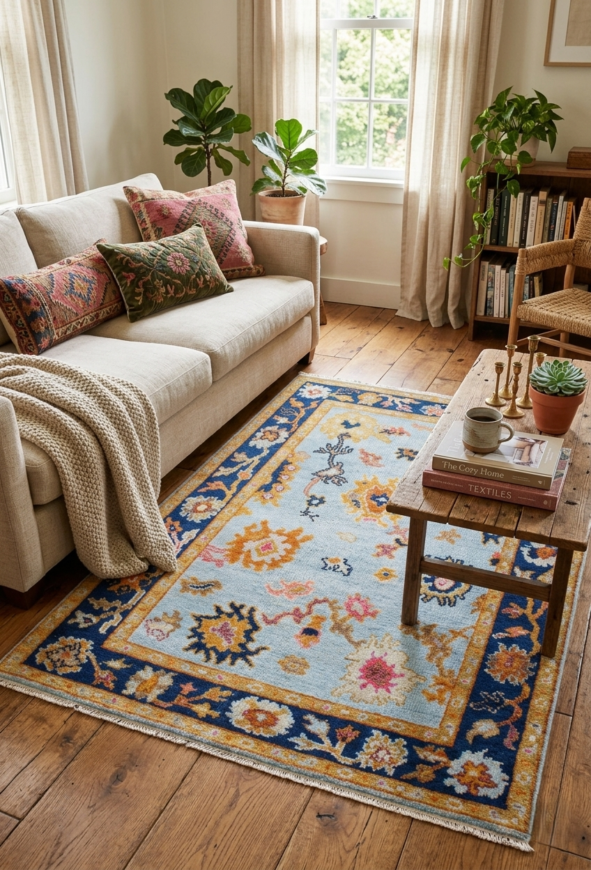 Hand Knotted Oushak Rug Blue & Gold Turkish Wool Area Rug