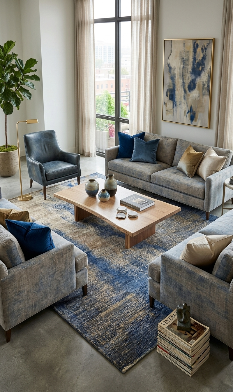 Modern Abstract Blue & Gold Hand-Knotted Wool & Silk Rug (4x6)
