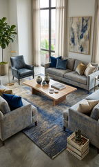 Modern Abstract Blue & Gold Hand-Knotted Wool & Silk Rug (4x6)