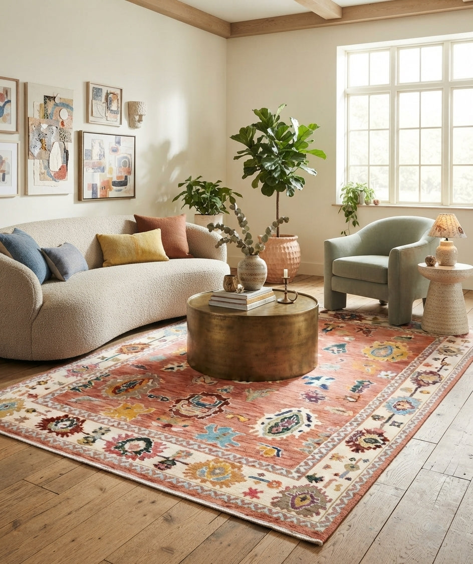 Hand-Knotted Wool Area Rug – Terracotta & Multicolored Oushak Motif, Custom Size Artisanal Statement Carpet