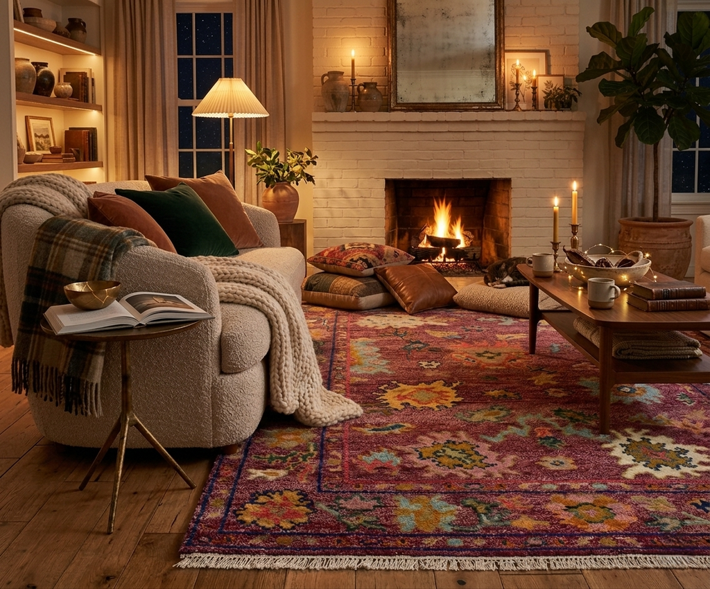 Hand knotted Oushak Rug in Vibrant Magenta, deep rose. Modern Turkish Wool Area Rug