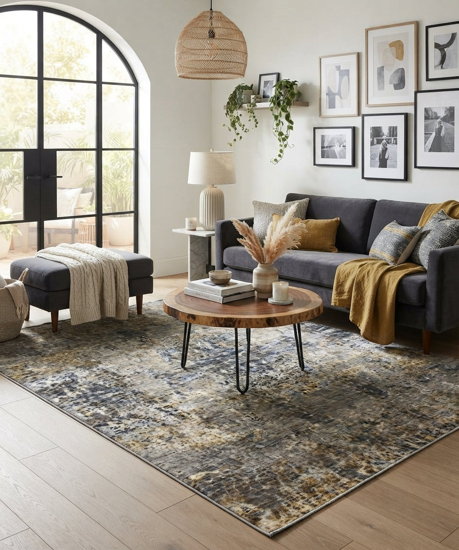 Hand Knotted Modern Abstract Wool and Bamboo Silk Area Rug in Gold and Sage, Contemporary Luxury Floor Covering