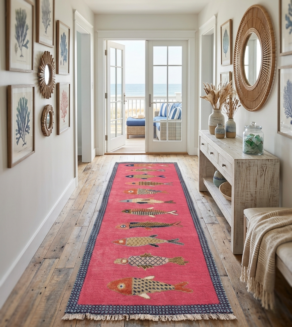 Hand-Knotted Wool Koi Fish Runner – Pink Artisan Fish Rug – Custom Sizes Available