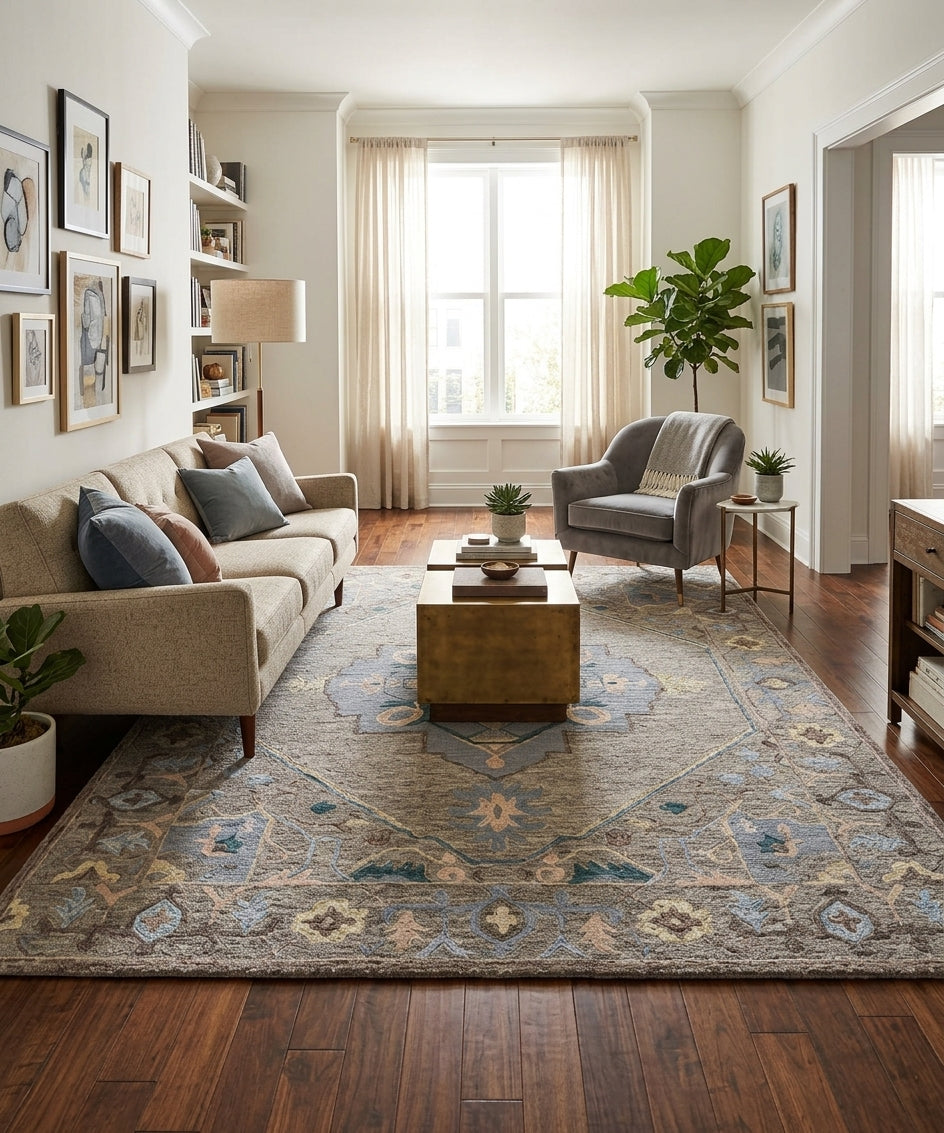 Vintage Medallion Hand-Tufted Wool Rug | Slate Blue & Taupe Area Rug