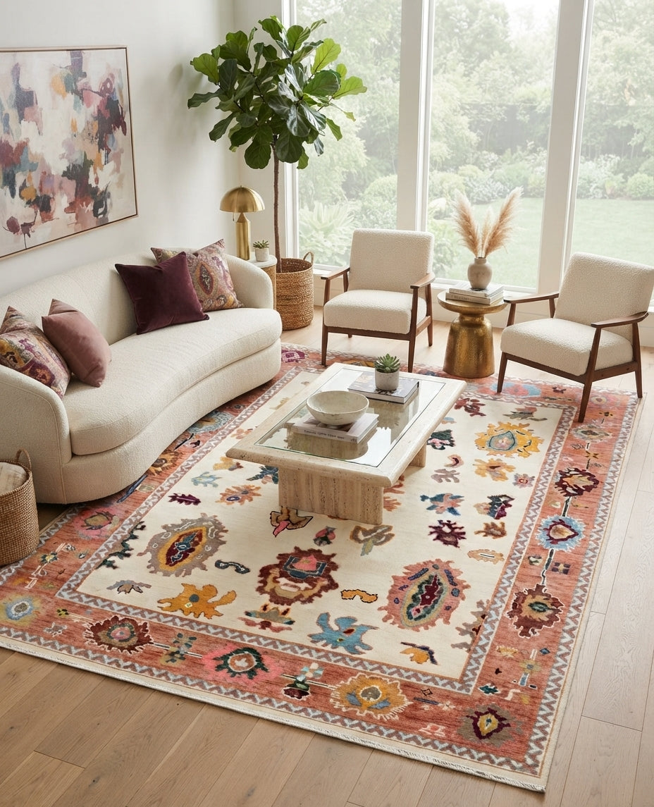 Terracotta & Ivory Hand-Knotted Wool Area Rug – Artisan Oushak-Style Statement Rug with for Living Room, Dining Room, or Bedroom, custom size rug
