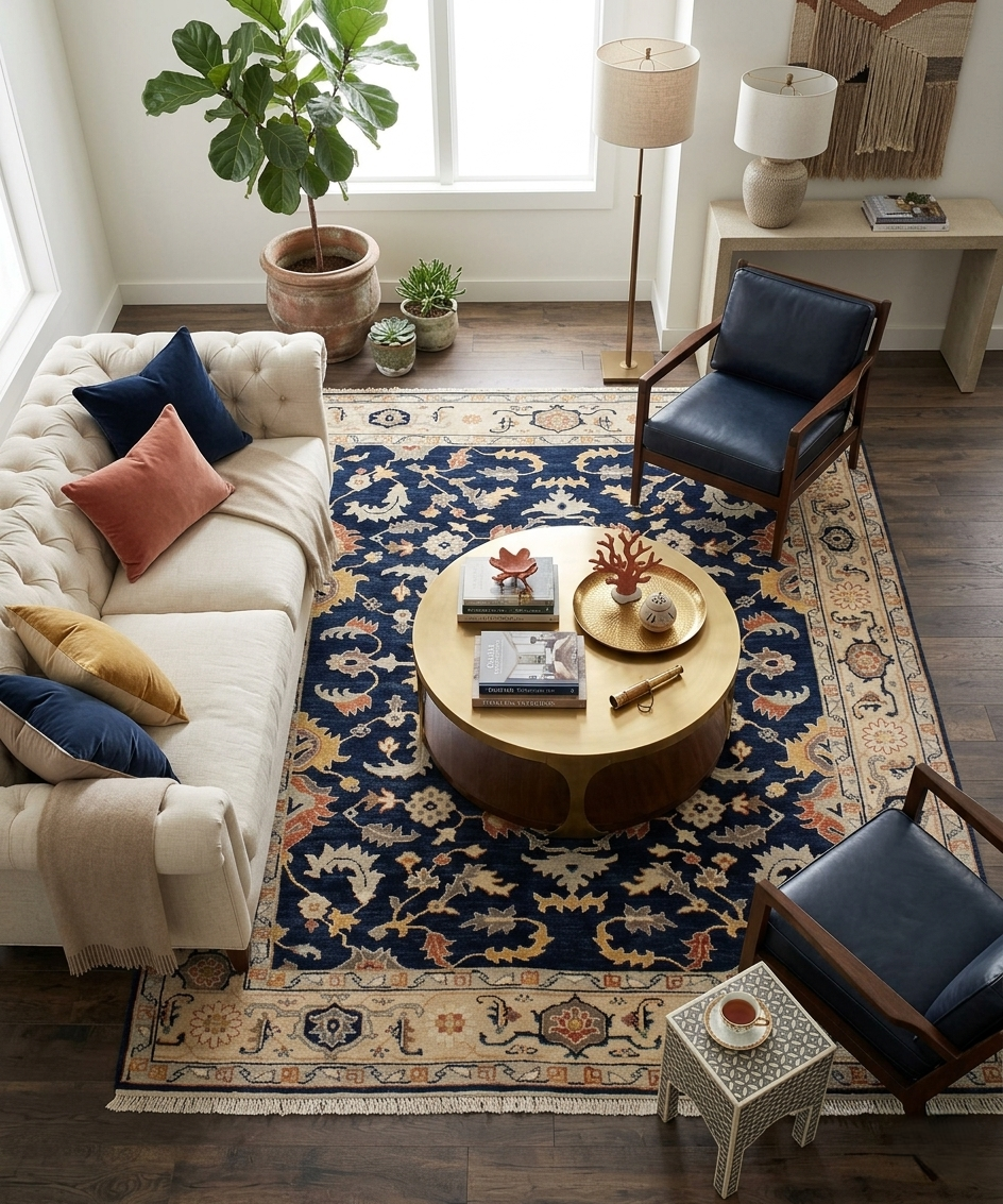 9x12 Hand-Knotted Navy & Cream Wool Rug | Traditional Oushak-Inspired Area Rug