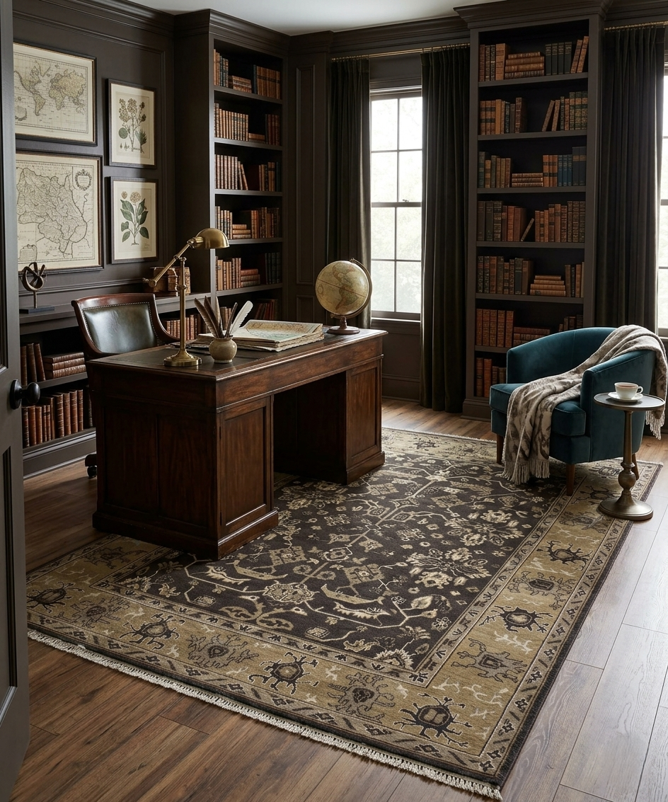 8x10 ft Vintage Charcoal & Sage Hand-Knotted Oushak Wool Rug