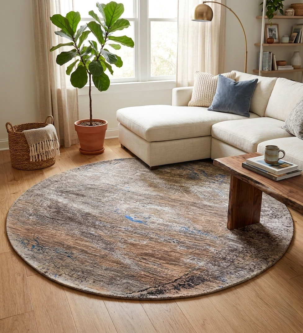 Luxury Abstract Round Rug - Hand-Knotted Wool & Silk Blend (6ft Round)