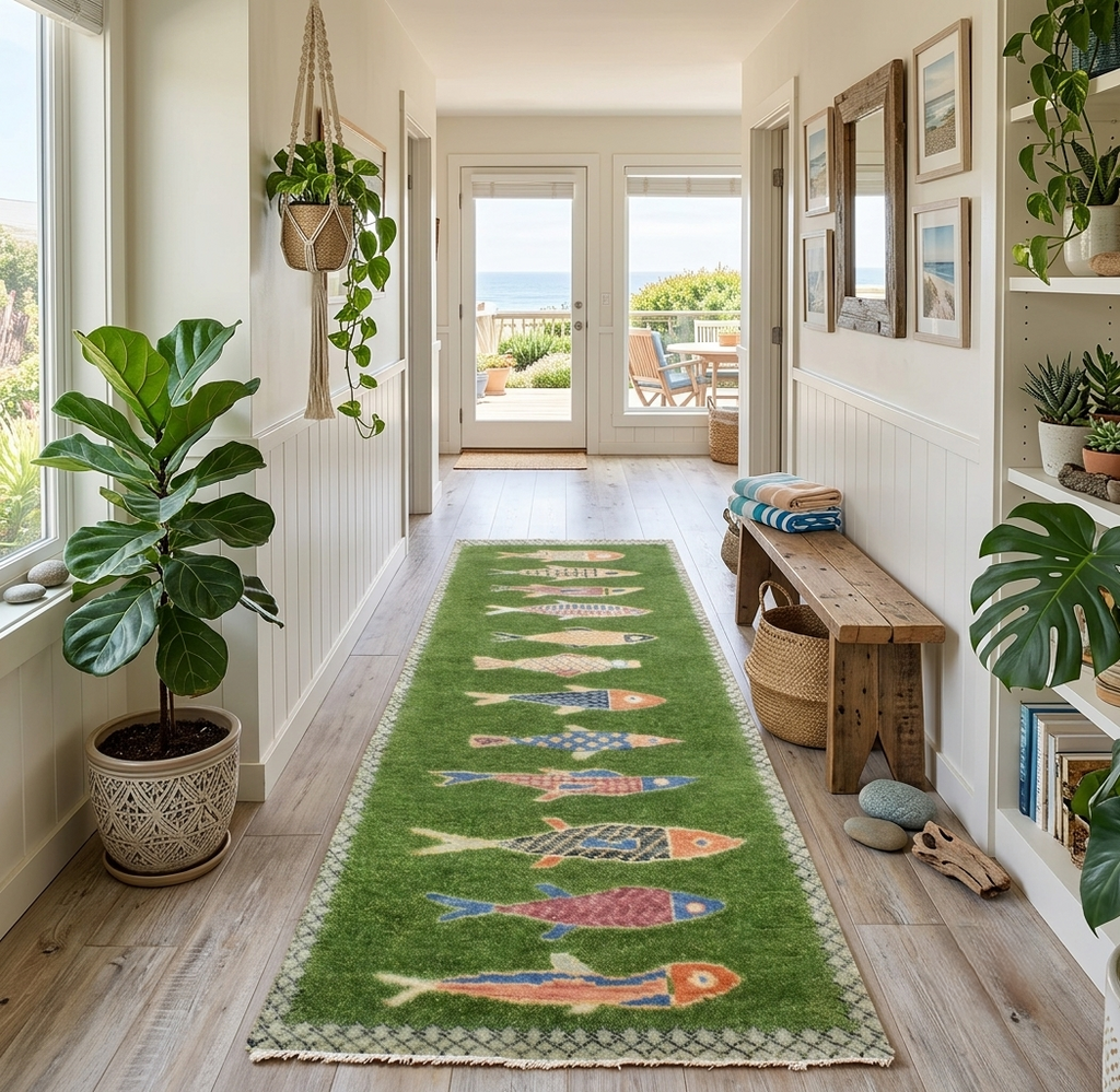Hand-Knotted Wool Koi Fish Runner – Moss Green Artisan Fish Rug – Custom Sizes Available