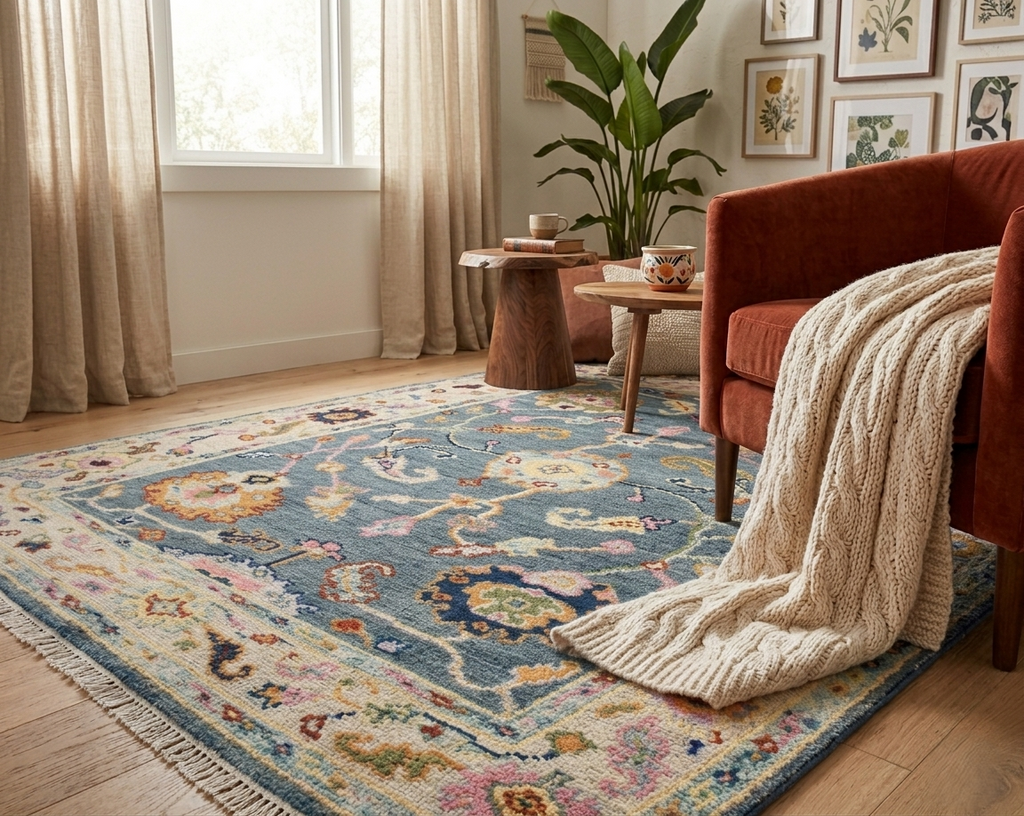 Hand Knotted Wool Oushak Rug, Slate Blue Sage Green Turkish Area Rug