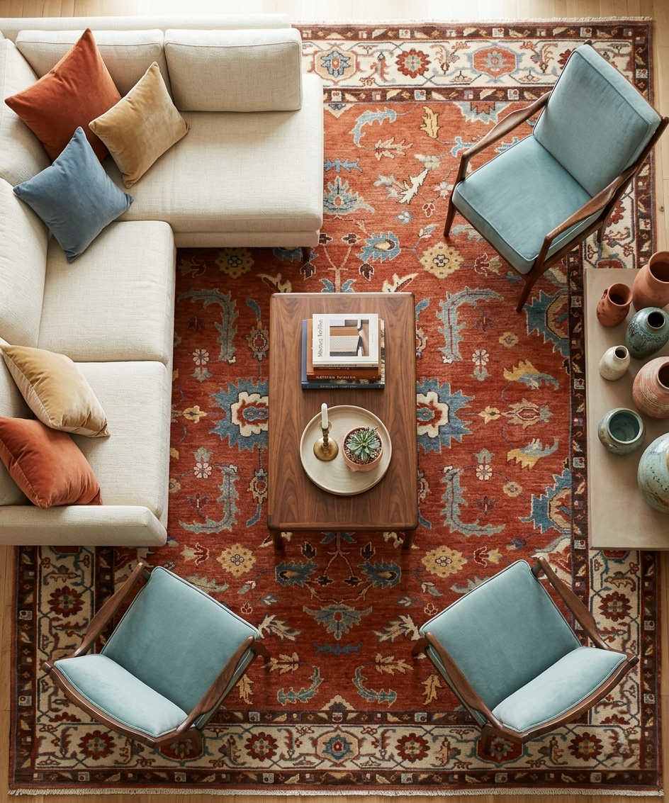 Hand-Knotted Oushak Wool Rug – Terracotta & Slate Blue Oriental Decor