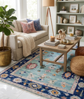 Hand Knotted Turquoise & Navy Blue Oushak Wool Rug