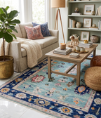Hand Knotted Turquoise & Navy Blue Oushak Wool Rug
