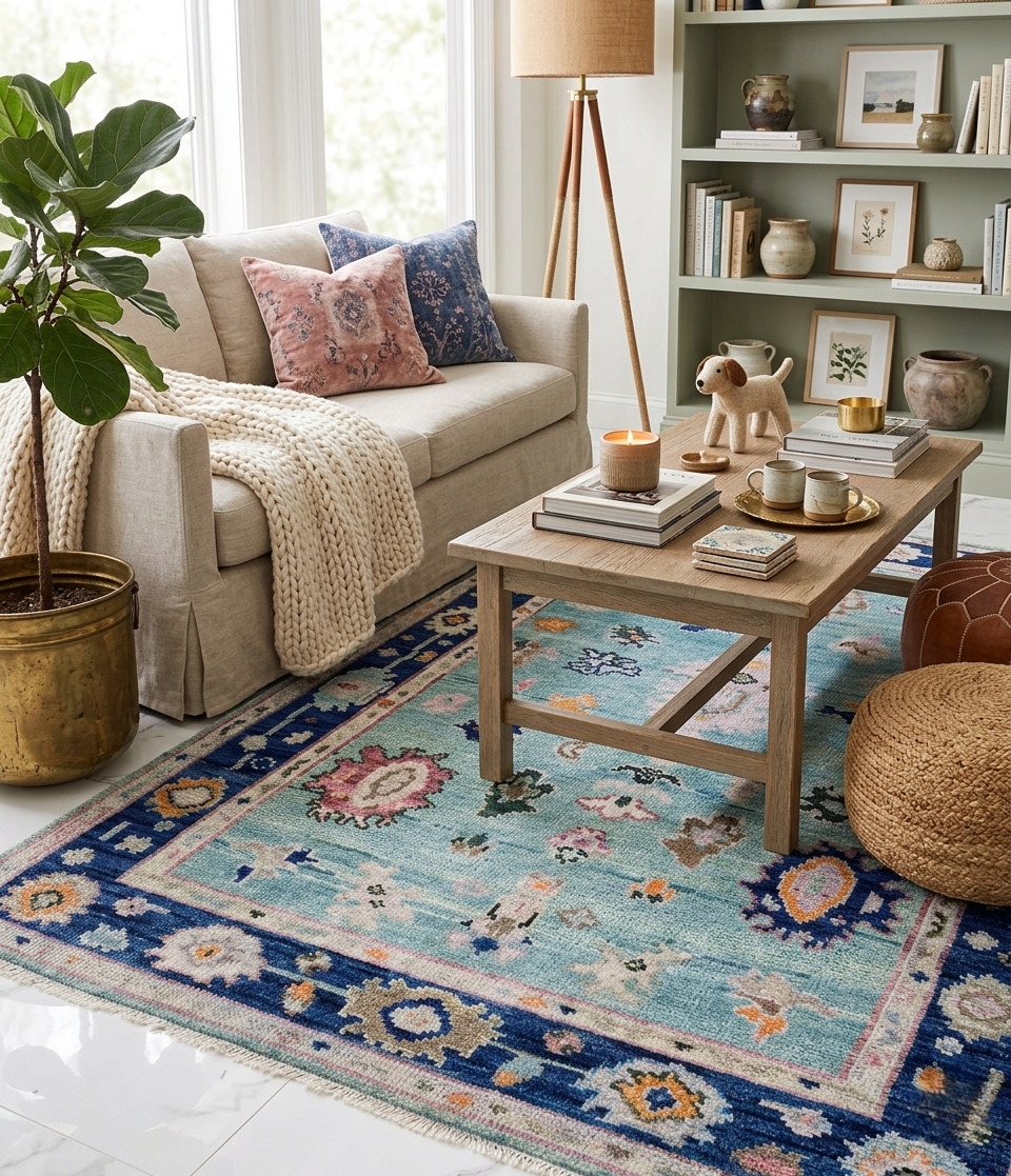 Hand Knotted Turquoise & Navy Blue Oushak Wool Rug