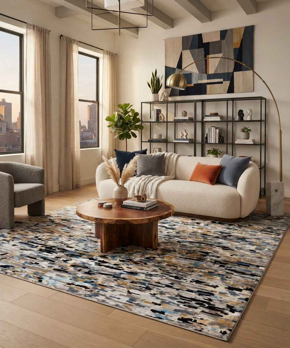 Hand-Knotted Modern Abstract Wool and Bamboo Silk Area Rug – Beige, Charcoal, Blue, and Gold– Premium Modern Designer Floor Carpet