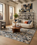 Hand-Knotted Modern Abstract Wool and Bamboo Silk Area Rug – Beige, Charcoal, Blue, and Gold– Premium Modern Designer Floor Carpet