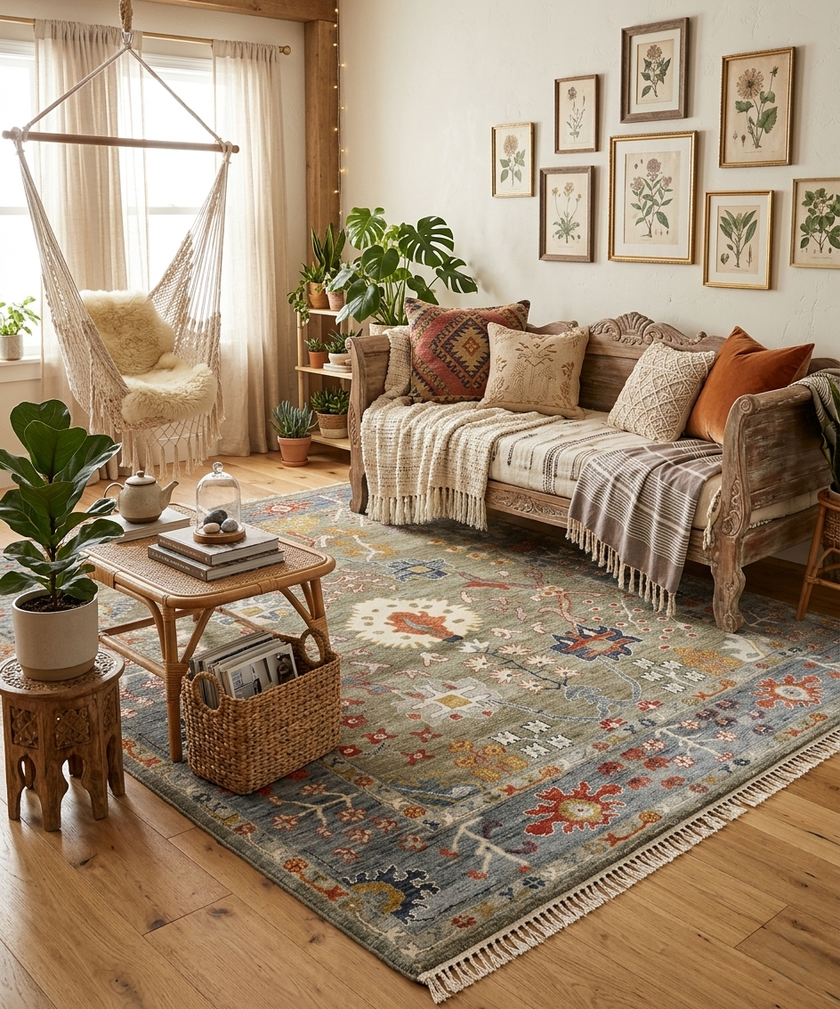 Bohemian Sage & Denim Hand-Knotted Oushak Wool Rug for living room