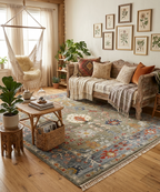 Bohemian Sage & Denim Hand-Knotted Oushak Wool Rug for living room