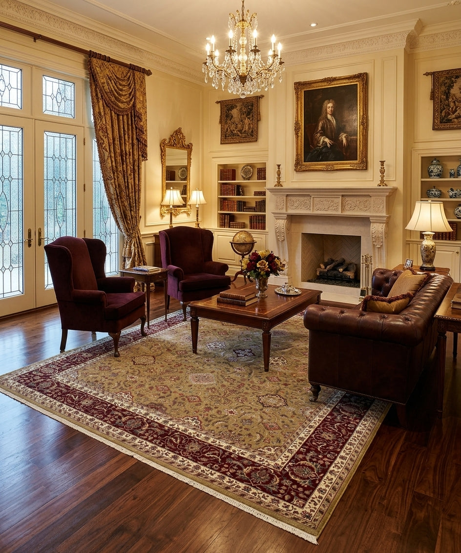 Royal Vintage Gold & Burgundy New Zealand Wool and Silk Rug | Hand-Knotted Persian Oriental Area Rug (Available in 9x12, 10x14)