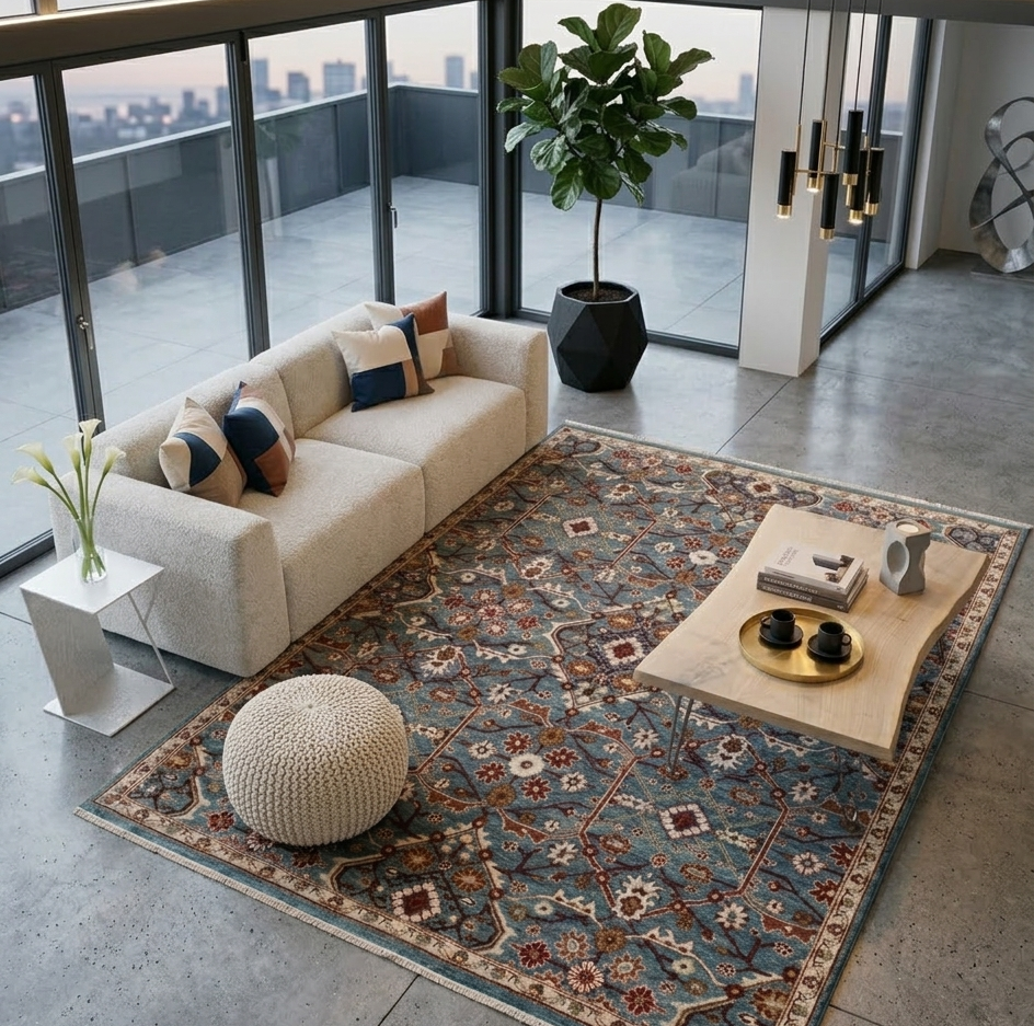 Hand-Knotted Persian Style Wool Rug – Slate Blue & Terracotta