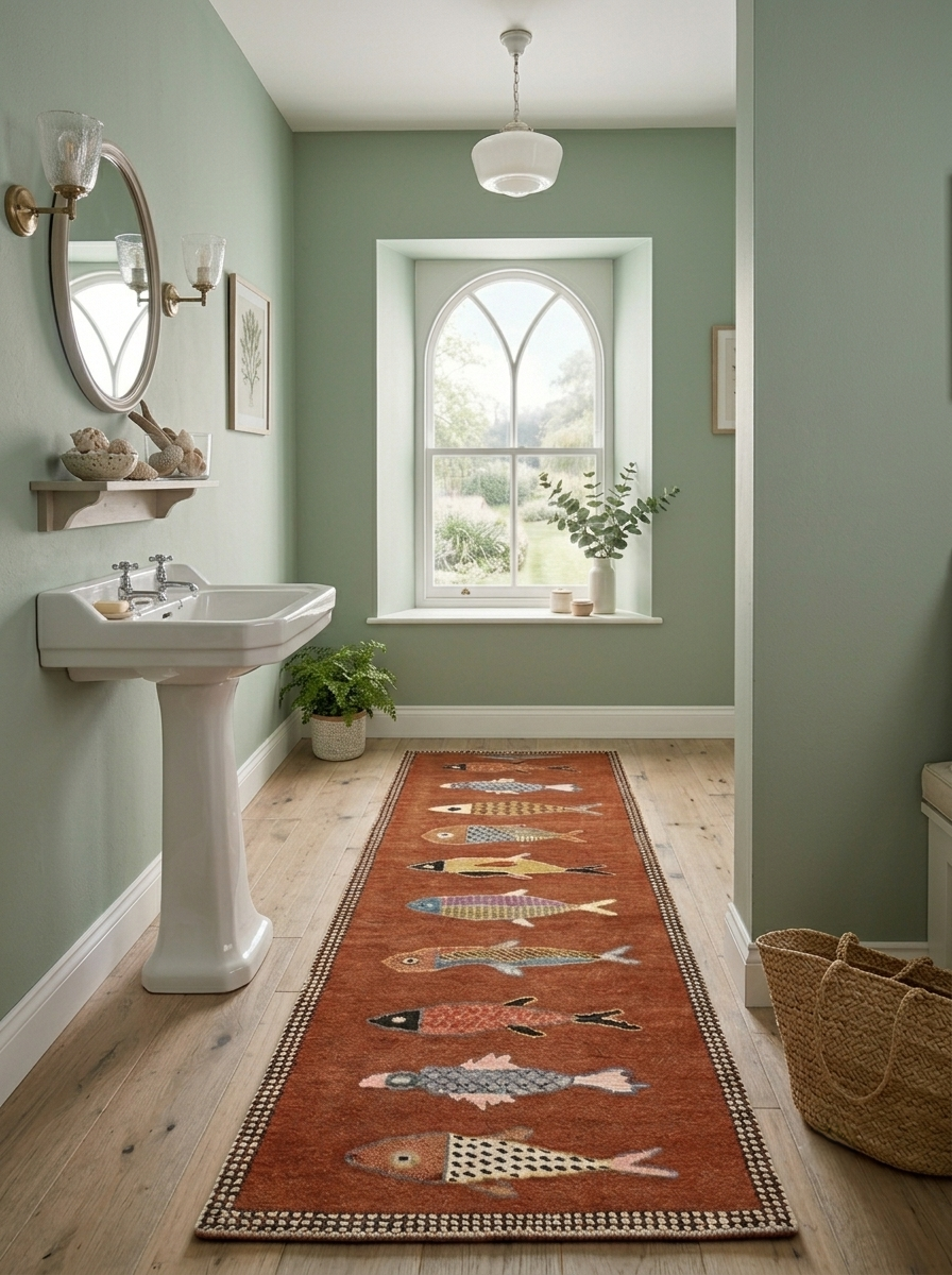 Hand-Knotted Wool Koi Fish Runner – Brown Artisan Fish Rug – Custom Sizes Available