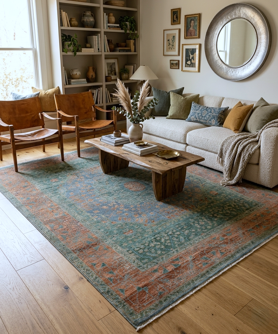 Antique-Inspired Mamluk Hand-Knotted Wool Rug – Sage & Terracotta