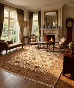 Royal Vintage Ivory & Camel New Zealand Wool & Silk Area Rug | Traditional Hand-Knotted 14/14 Persian Oriental Rug for Living Room & Dining Room (8x10, 9x12)