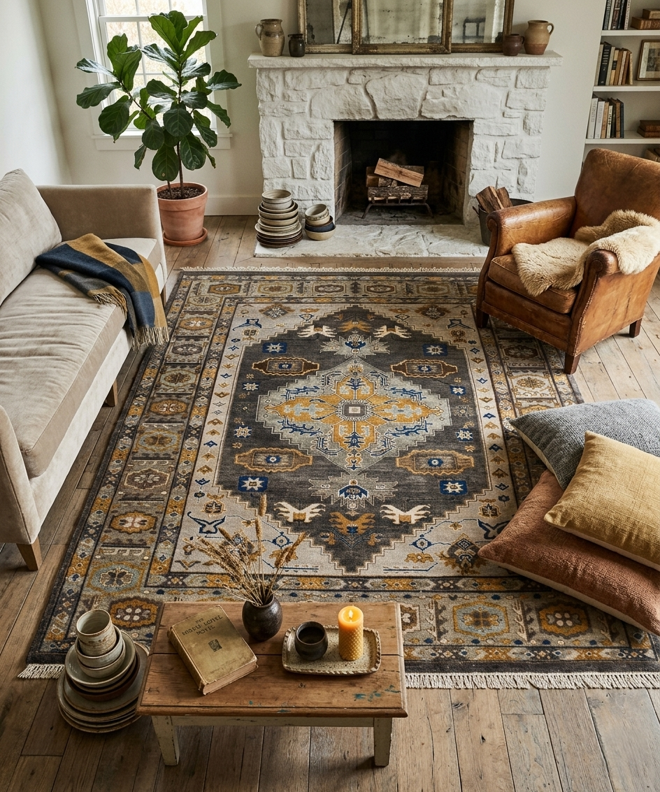 8x10 ft, 9x12 ft Hand Knotted Wool Rug - Grey & Gold Oushak Medallion Area Rug