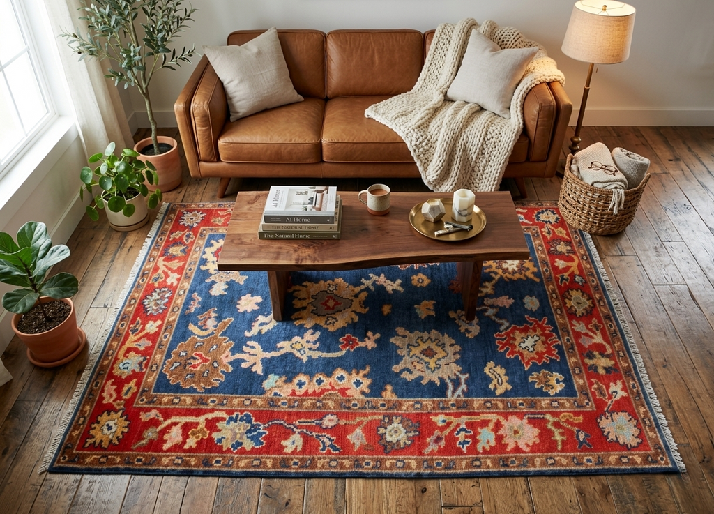 Hand Knotted Oushak Rug Blue Rust Turkish Wool Area Rug