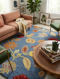 Hand-Tufted Floral Wool Rug - Blue & Ochre (5x8)