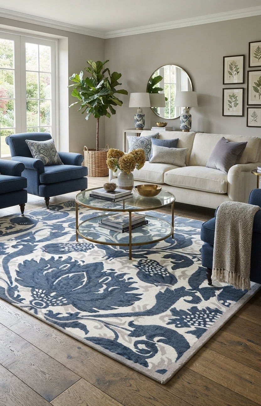 Blue Hand Tufted Wool Area Rug – Modern Botanical Floral Design in Indigo Blue and Ivory, Custom Size High Traffic Living Room Rug