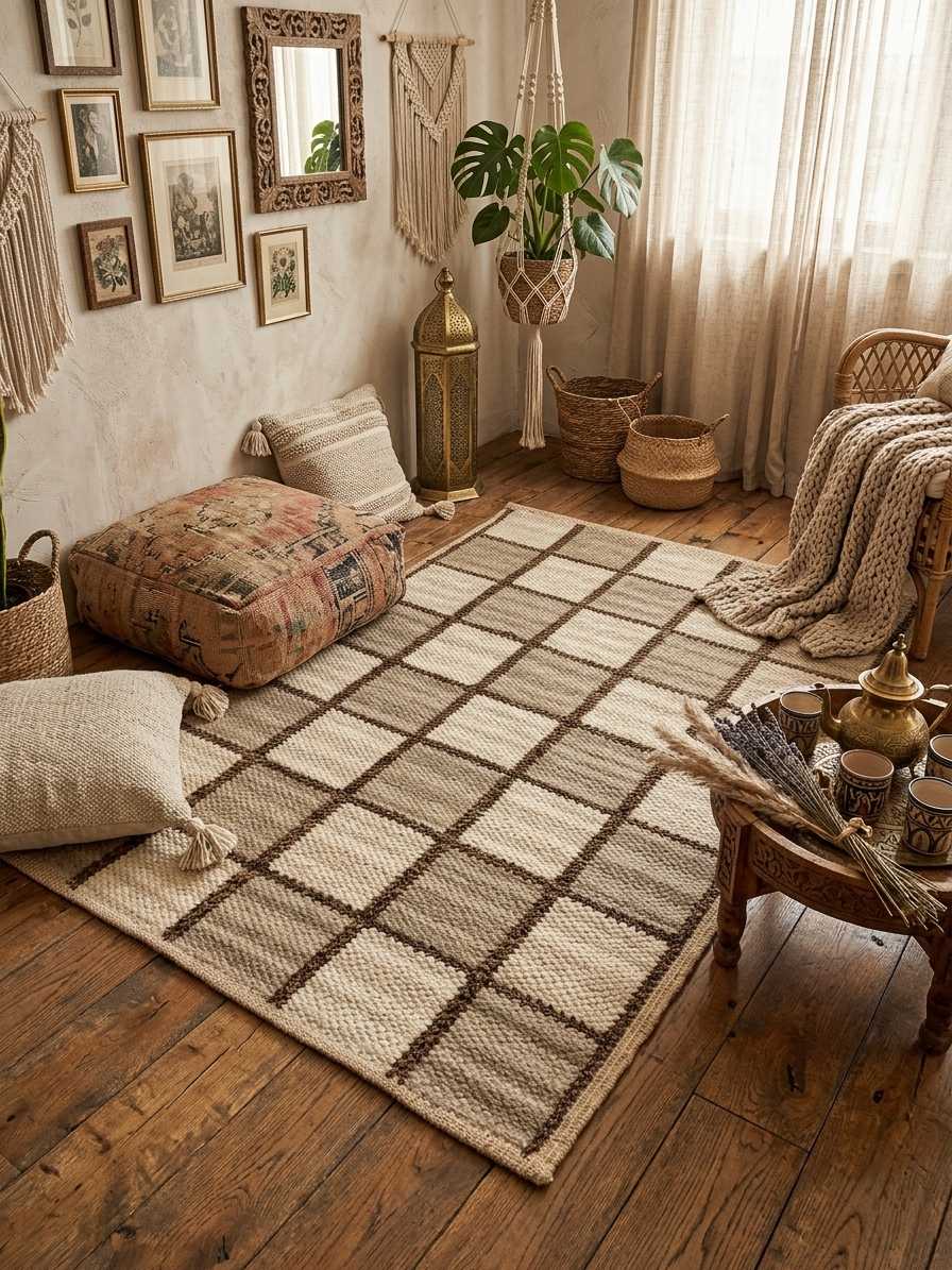 Handwoven Wool Jute Rug 4x6 brown & beige checkered Geometric Area Rug
