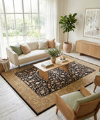 Handmade Royal Vintage Inspired New Zealand Wool & Silk Area Rug | Black & Gold Traditional Persian Design | Available in 8x10 & 9x12