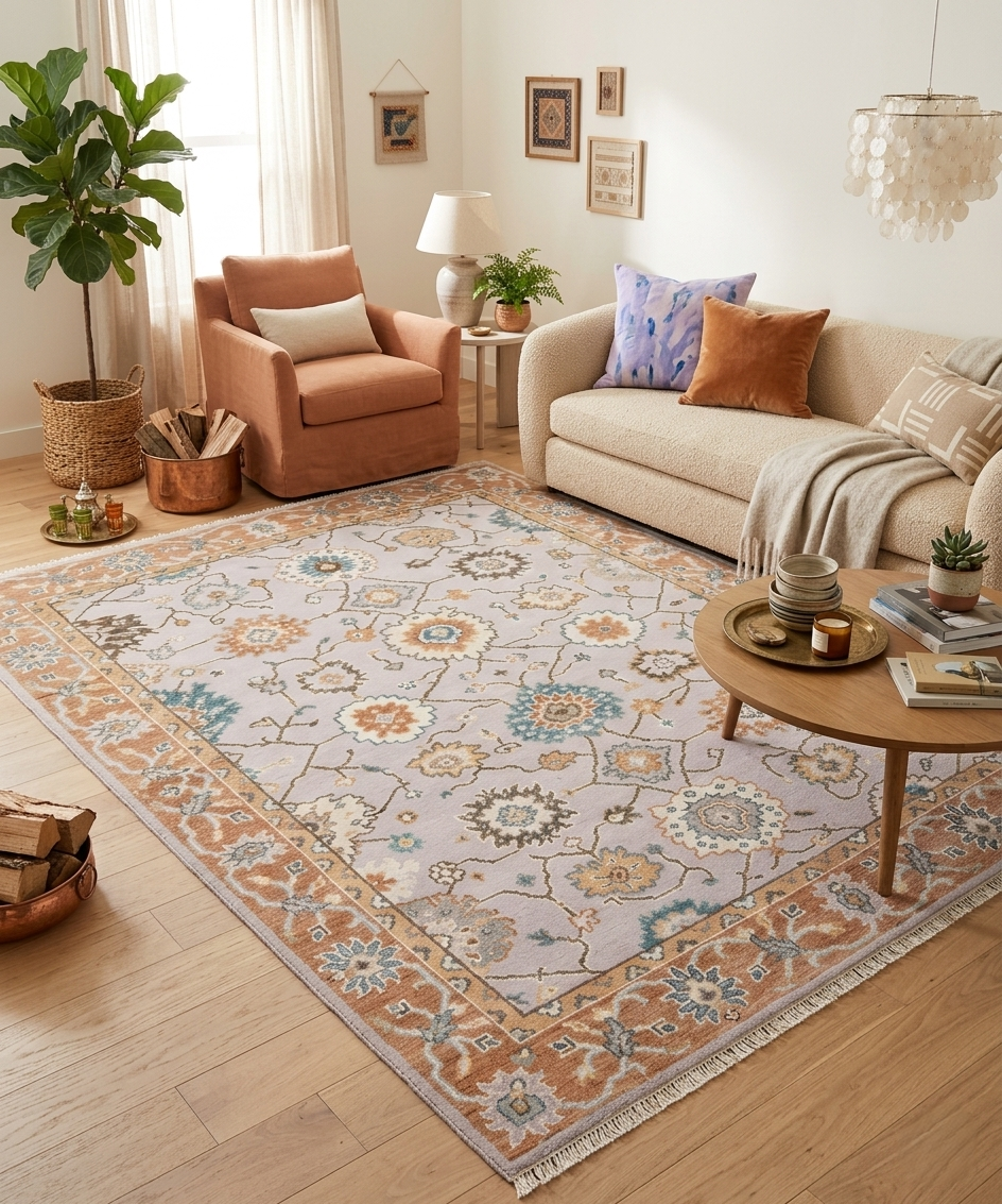 8x10 Hand-Knotted Wool Rug- Orange, Soft Sage, Terracotta & Silver Grey Pastel