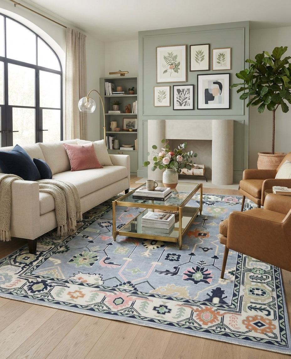 Custom Size Hand-Knotted Wool Area Rug - Traditional Motifs in Soft Blue, Blush & Charcoal