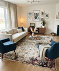 Hand Knotted Wool and Bamboo Silk Area Rug | Modern Distressed Beige, Red, & Blue Rug | 100 KPSI Luxury Carpet, Contemporary Floor Covering